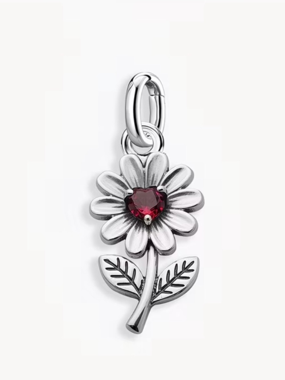 Sterling Silver Daisy Charm with Red Heart Gem